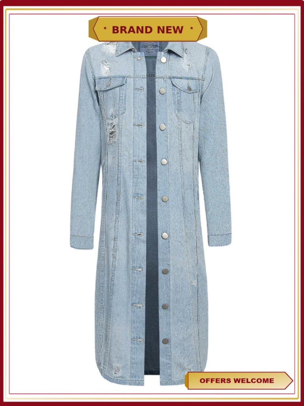 Long Button Down Distressed Denim Jean Jacket Cotton Trench